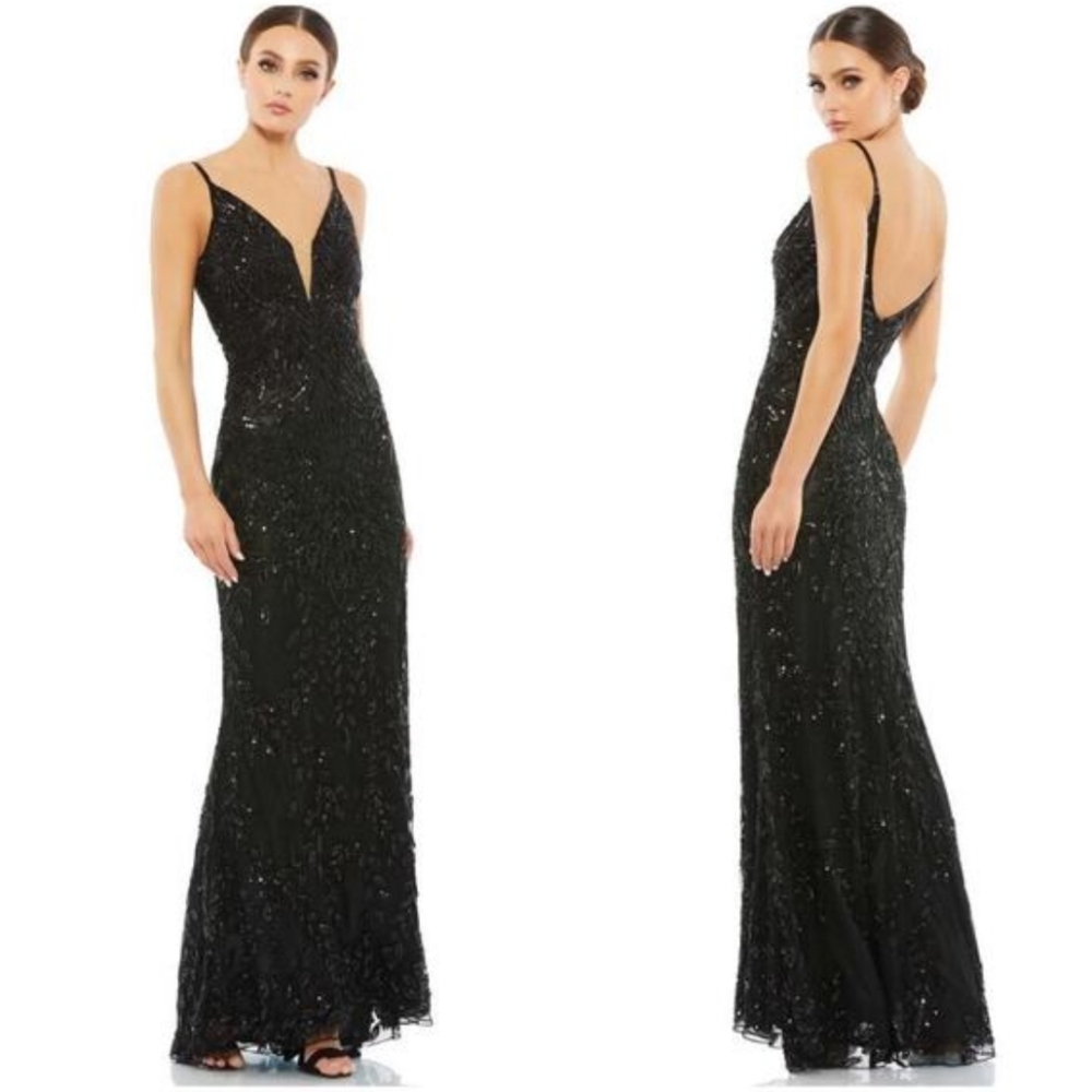 Mac Duggal Embellished Leaf Evening Gown Maxi Dress Black Sequin Size 8 NWT